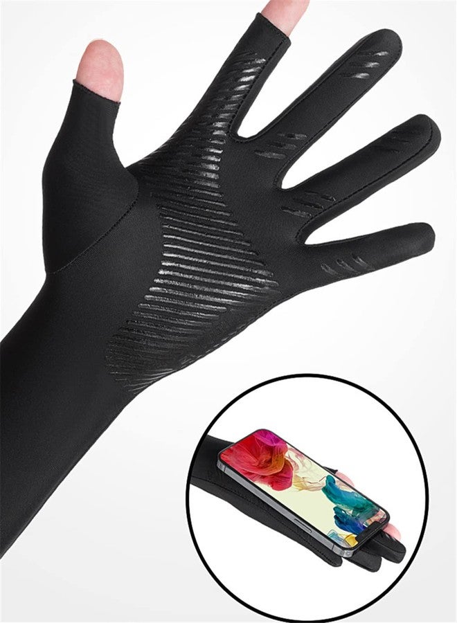 Inf-way UV Protection Armsleeves with 2 Cut Fingers Sun Gloves Men Anti-slip Fishing Driving Cycling Sports Cooling Long Sleeves (Black) - Image 5